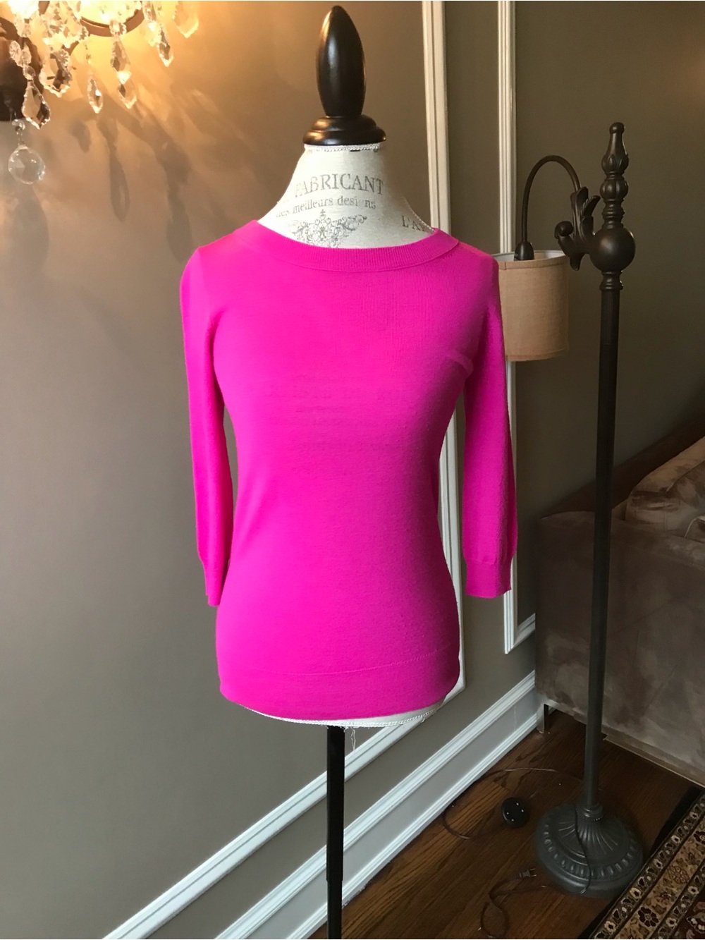 J.Crew Hot Pink Lightweight Wool Crew Neck 3/4 Sleeve Sweater Sz XS